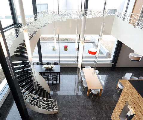 Escaliers incurvés par bâtiment de marbre moderne avec la balustrade esthétique d'escalier de fer