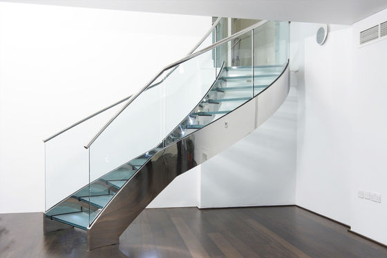Système incurvé moderne de verre trempé stratifié par escalier d'acier inoxydable